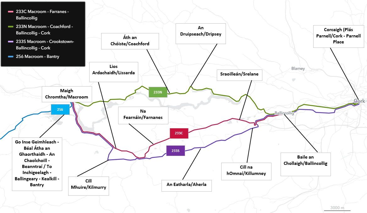 Figure 1: Overall network map of proposed routes between Cork and Macroom via Kilmurry, Aherla, Dripsey, Farnanes, Killumney and Ballincollig and between Macroom, Inchigeelagh, Ballingeary, Kealkill and Bantry Bantry