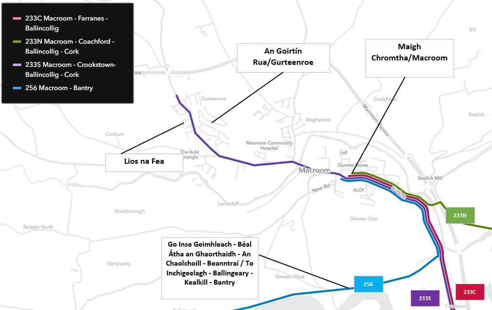 Figure 2: Network map of proposed routes in Macroom towards Bantry, Cork and Ballincollig
