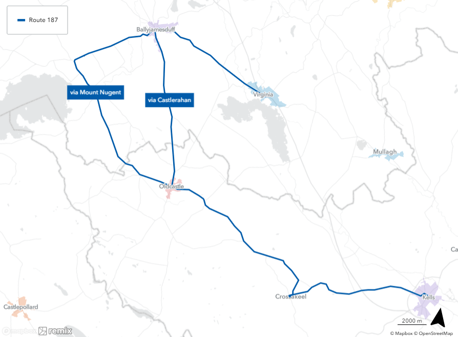 This maps shows the proposed Route 187 between Kells and Virginia. Route 187 would be revised to operate between Virginia and Kells via Crossakiel, Oldcastle and Ballyjamesduff. The service would no longer operate along the N3.
