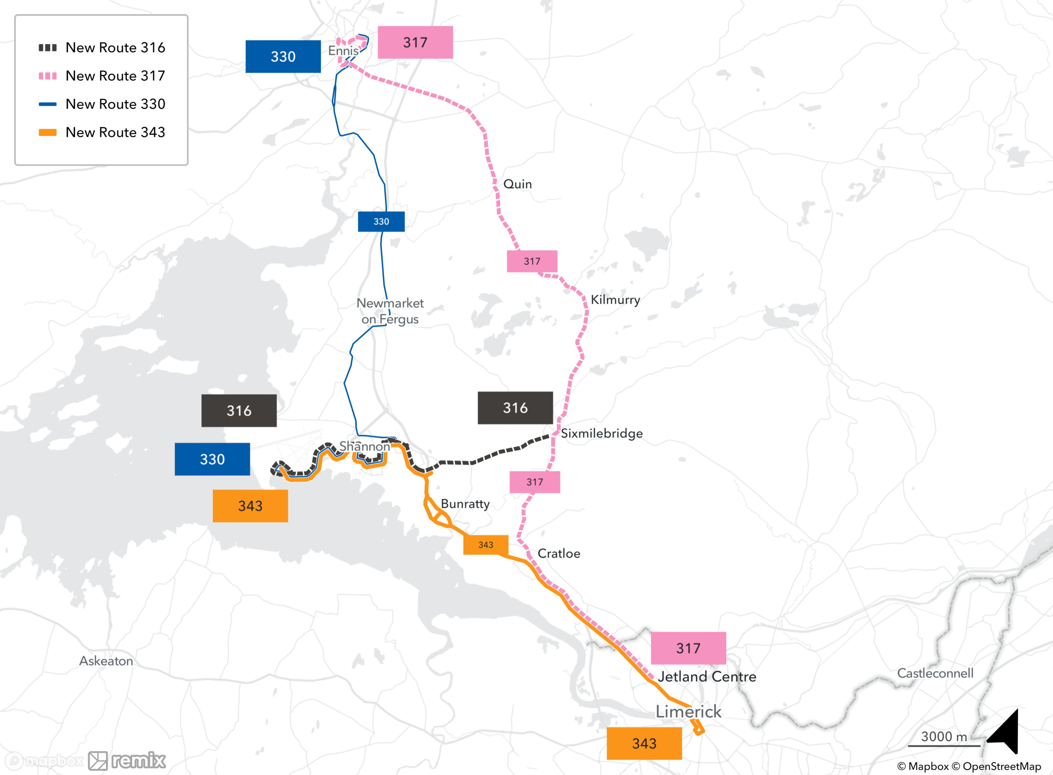 A map showing the four proposed new bus routes in full. New Route 343 will run between Limerick and Shannon via Bunratty; New Route 330 will run between Ennis and Shannon via Newmarket-on-Fergus; New Route 316 will run between Sixmilebridge and Shannon; New Route 316 will run between Ennis and the Jetland Shopping Centre in Limerick via Quin, Kilmurry, Sixmilebridge and Cratloe.”